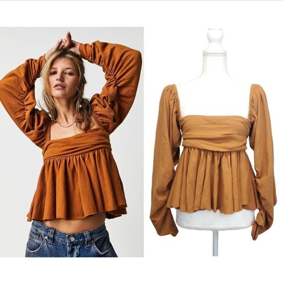 Free People Gigi Long Sleeve Square Neck Smocked Peplum Boho Top - Picture 1 of 13